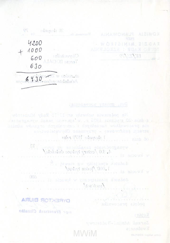 KKE 5830a.jpg - Dok. Pismo wystawione przez Komisje Planowania przy Radzie Ministrów dla Teresy Rogala dotyczące podwyżki pensji, Warszawa, 28 VIII 1979 r.